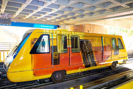 Miami, USA - November 30, 2019: Skytrain Mover wagon at Goverment Center station at Downtown Miami.のeditorial素材