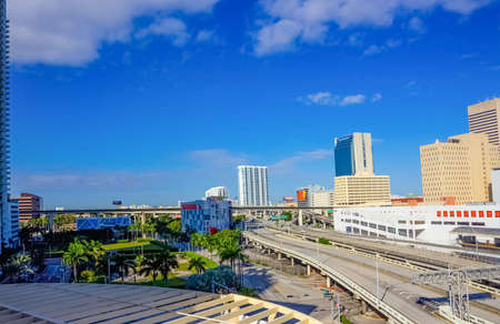 Miami, USA - November 30, 2019: Downtown Miami cityscape view with condos and office buildings against blue sky.のeditorial素材