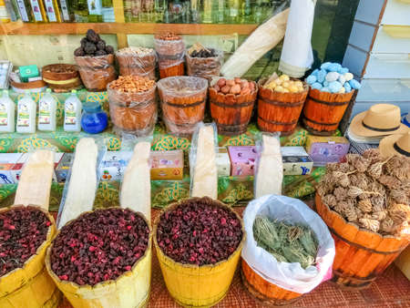 Sharm El Sheikh, Egypt - February 15, 2020: Baskets with spicery on east bazaar at at Sharm El...
