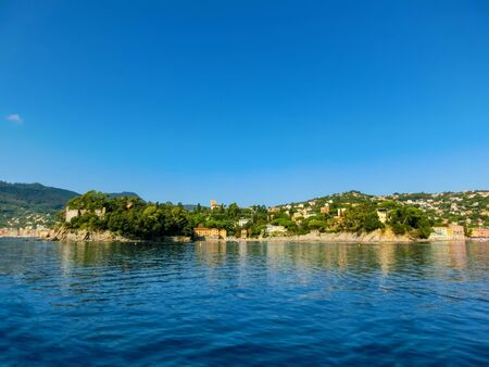 The sea view from ship of town Rapallo in Liguria, Italy.の写真素材