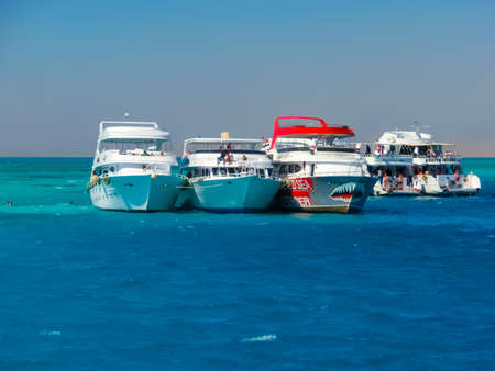 Sharm El Sheikh, Egypt - February 16, 2020: The sailboat in the Red Sea against the blue sky of the unique Ras Mohammed nature reserve, diving, summer, vacation.のeditorial素材