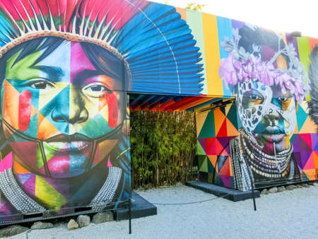 Miami, United States of America - November 30, 2019: Art Wynwood in Miami, USA. Wynwood is a neighborhood in Miami Florida which has a strong art culture presence and murals can be seen everywhere.のeditorial素材
