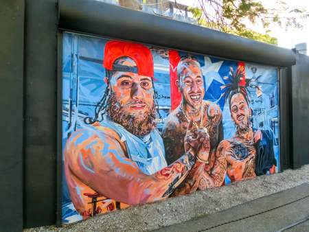 Miami, United States of America - November 30, 2019: Art Wynwood in Miami, USA. Wynwood is a neighborhood in Miami Florida which has a strong art culture presence and murals can be seen everywhere.のeditorial素材