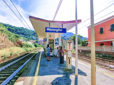 Moneglia, Italy - September 15, 2019: People at Moneglia train station at Italy on September 15, 2019のeditorial素材
