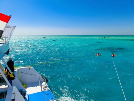 The sailboat in the Red Sea against the blue sky of the unique Ras Mohammed nature reserve, diving,...
