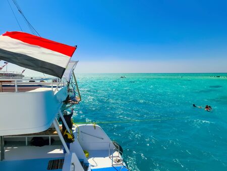 The sailboat in the Red Sea against the blue sky of the unique Ras Mohammed nature reserve, diving, summer, vacation.の写真素材