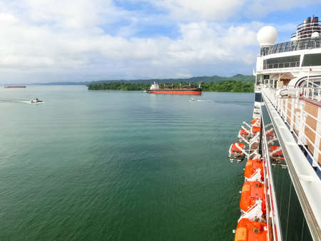 Panama Canal, Panama - December 7, 2019: Gatun lake of the Panama Channel and blue skyのeditorial素材