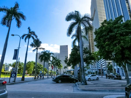 Miami, USA - November 30, 2019: Downtown Miami cityscape view with condos and office buildings against blue sky.のeditorial素材