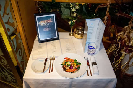 Willemstad, Curacao, Netherlands - December 5, 2019: The steak and lobster at dinner at the Holland America cruise ship Eurodam restaurantのeditorial素材