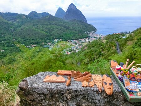 Beautiful beach in Saint Lucia, Caribbean Islands Panorama and local goodsの写真素材
