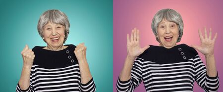 The portrait of a surprised senior woman gesturing victory over studio background. Collageの写真素材