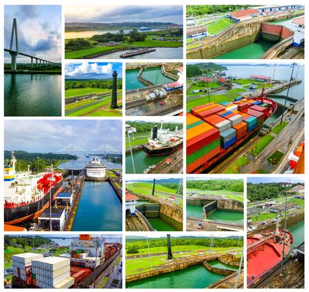 View of Panama Canal from cruise ship at Panama. Collageの写真素材