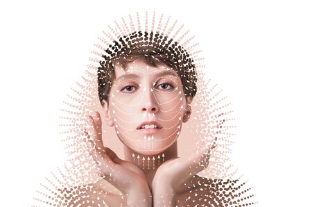 The lifting, skin, plastic surgery concept. Woman face with marks and arrows. Art collage. Short...