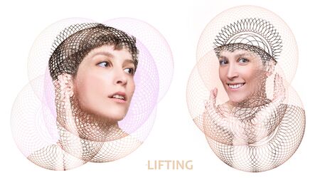 The lifting, skin, plastic surgery concept. Woman face with marks and arrows. Art collage.