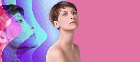 Young female with clean fresh skin. Beautiful woman. Female face and neck. Portrait of young caucasian woman at studio isolated on pastel. Short haircut, long neck, perfect skin. Lifting by gold thread conceptの写真素材