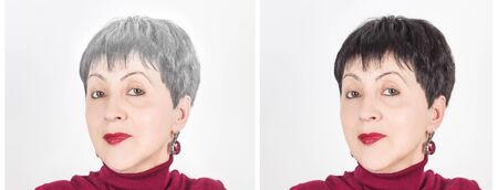 Head of a senior woman with gray hair. Hair coloring. Before and after concept.の写真素材