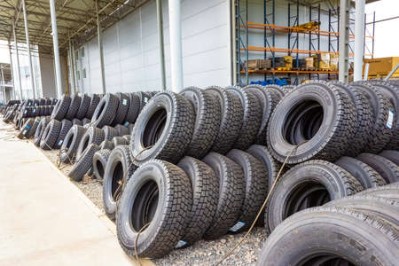 Kyiv, Ukraine - June 16, 2020: The lot of triangle tires for sale at Kyiv, Ukraine on June 16, 2020.のeditorial素材