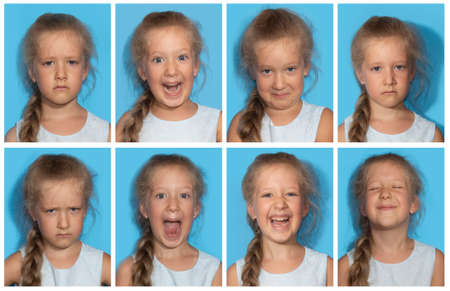 The collage of girl with different emotions. Seven years teen girl posing in studio isolated over...