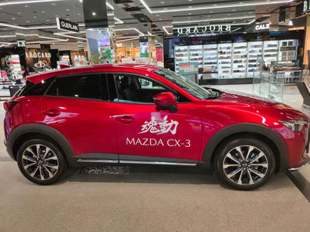 Kiyv, Ukraine - August 2, 2020: A view of Mazda CX-3 car with new design and aerodynamics displayed...