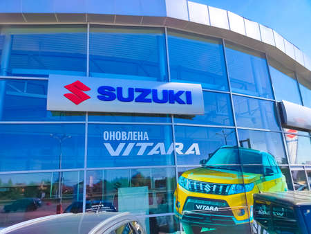 Kyiv, Ukraine - August 15, 2020: Suzuki logo at store at Kyiv, Ukraine on August 15, 2020. Suzuki...
