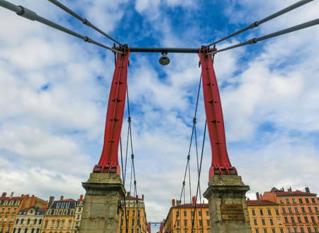 Bridge across river Rhone on winter sunny day, Lyon, Franceの写真素材