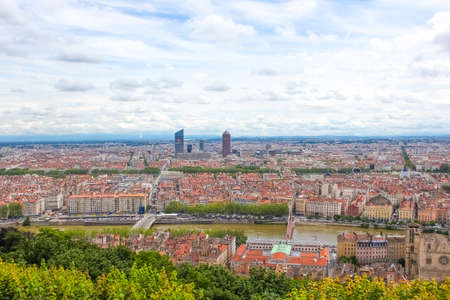 Lyon, France - June 16, 2016: aerial view of the city skyline with the fan zone of the European...