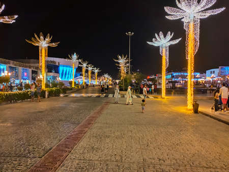 Sharm El Sheikh, Egypt - September 13, 2020: SOHO Square. Luminous palm trees and a sign at the entrance to Soho, Egypt at Sharm El Sheikh, Egypt - September 13, 2020のeditorial素材