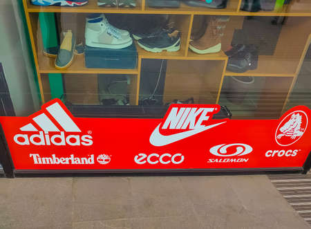 Kyiv, Ukraine - August 16, 2020: Adidas and Nike sneakers at street fashion store at Kyiv, Ukraine...