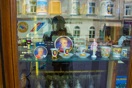 Salzburg, Austria - May 01, 2017: Souvenir cups for sale in the old town of Salzburg at Austria on May 01, 2017のeditorial素材