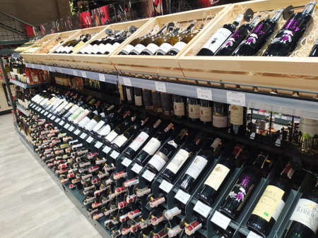 Kyiv, Ukraine - January 9, 2021: Assortment of alcoholic beverages in a popular wine shop at Kyiv, Ukraine on January 9, 2021のeditorial素材