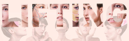 Young female with clean fresh skin. Beautiful woman. Female face and neck. Collage of young caucasian woman at studio on pastel. Lifting by meso threads conceptの写真素材