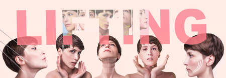 Young female with clean fresh skin. Beautiful woman. Female face and neck. Collage of young caucasian woman at studio on pastel. Lifting by meso threads conceptの写真素材