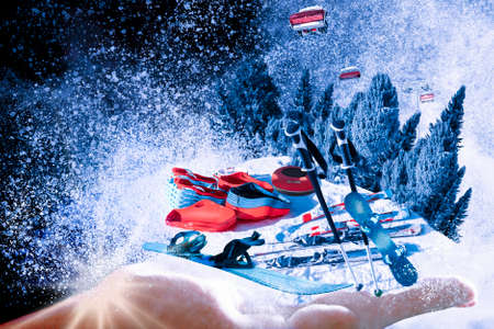 Mountain Collage. Male palm with snow, sleigh, ski, snowboard, tubing. Winter play and activity...