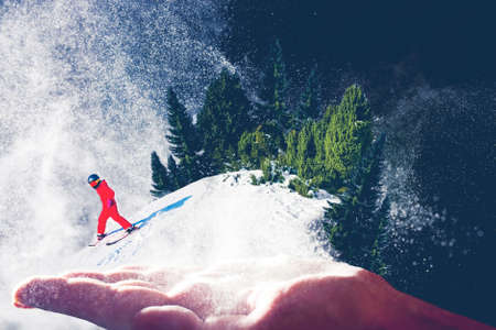 Mountain Collage. Male palm with snow and skiers going down. Family at winterの写真素材