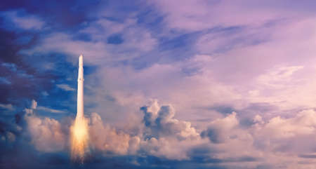 Rocket takes off into the sky. Concept of start