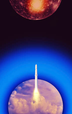 Spacecraft takes off into space to Mars or red planet. Rocket takes off into the sky. Concept of...