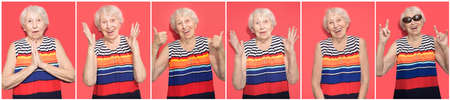 Collage of middle age senior woman over red background. Crazy and surprised of shock with open mouth...