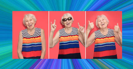 Collage of middle age senior woman over red background. Crazy and surprised of shock with open mouth female old modelの写真素材