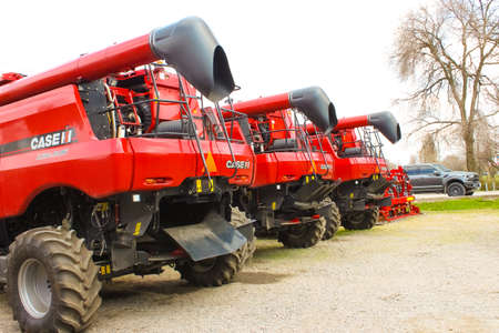 Kyiv, Ukraine - June 16, 2020: Modern Axial-Flow 7140 by Case IH combine at road at Kyiv, Ukraine on...