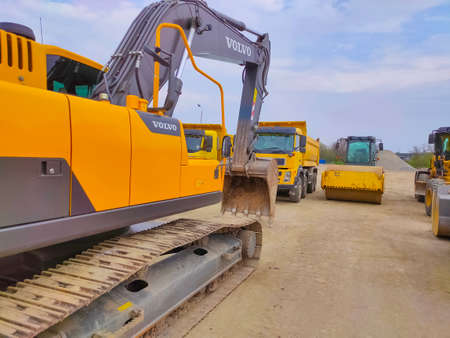 Kiyv, Ukraine - August 30, 2020: Modern hydraulic excavator or Volvo EC 250 DL on a field work site...
