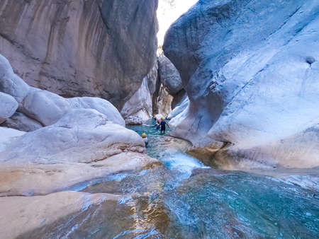 Trekking along the Lycian trail in the canyon of Harmony, near the town of Goynuk and Antalya in Turkey. Body rafting adventureの写真素材