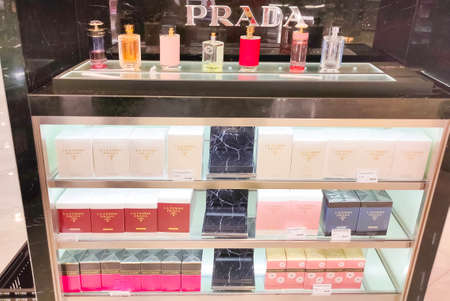 Antalya, Turkey - May 11, 2021: Shop display of different types of perfume from Prada
