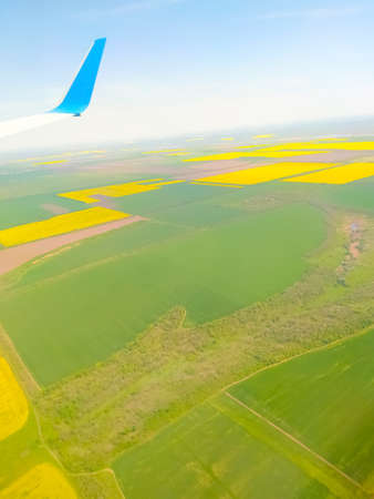 Incredibly beautiful landscape of flowering buckwheat field from aircraft or view from the airplane windowの写真素材