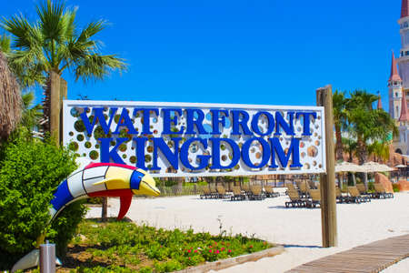 Belek, Antalya, Turkey - May 15, 2021: The Land of Legends theme park in Belek. Pool at waterfront kingdomのeditorial素材