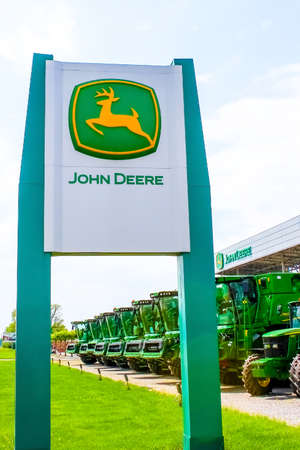 Kyiv, Ukraine - August 24, 2020: John Deere logo at store at road at Kyiv, Ukraine on August 24, 2020のeditorial素材