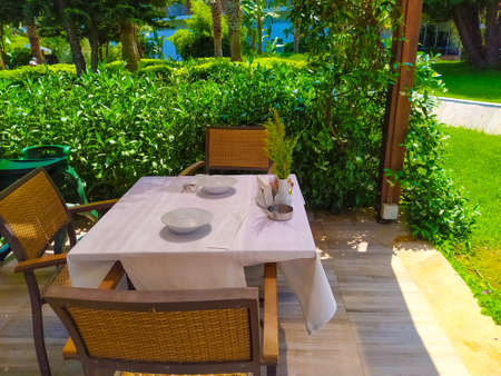 Beldibi, Kemer, Antalya, Turkey - May 11, 2021: The view of Rixos Beldibi hotel 5 stars at Beldibi, Kemer, Antalya, Turkey on May 11, 2021. Outdoor restaurantのeditorial素材