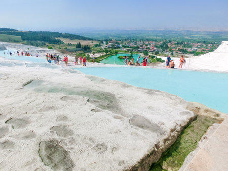 Goynuk, Antalya, Turkey - May 11, 2021: Travertines in Turkey. Calcite cliff of Pamukkale at sunny day.のeditorial素材
