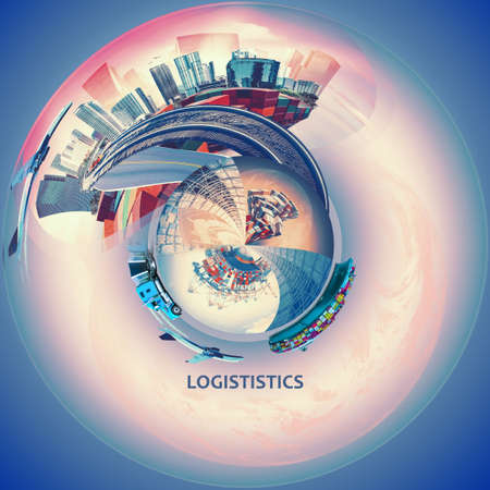 Industrial container cargo freight ship for import or export in port. Abstract design background, trucks and transport. Highway and delivering. Collage. Logistics conceptの写真素材