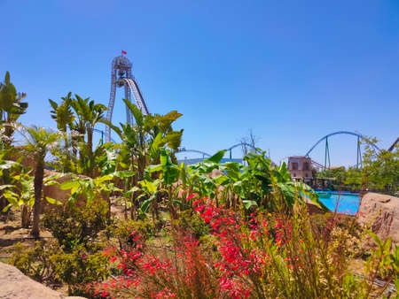Belek, Antalya, Turkey - May 15, 2021: The Land of Legends theme park in Belek. TYPHOON coasterのeditorial素材