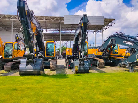 Kyiv, Ukraine - June 16, 2020: Hyundai Excavator and logo at Kyiv, Ukraine on June 16, 2020. The Construction Equipment Division of Korean Hyundai Heavy Industries Co was launched in 1985のeditorial素材